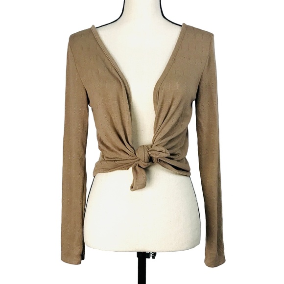 Love Julian Sweaters - Love Julian Tan Cropped Front Tie Sweater